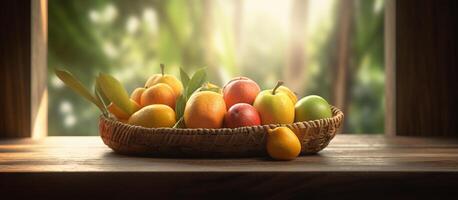 Fresh fruit in a basket on a wooden table in the sun on a blurred plantation background. photo