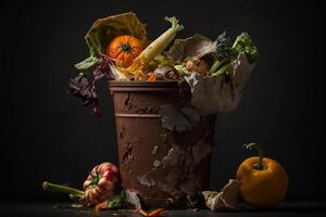 Rotten vegetables are thrown in the trash. Food Waste and Food Loss Getting Rid of Food Waste at Home on a dark background. photo