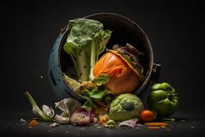 podrido vegetales son arrojado en el basura. comida residuos y comida pérdida consiguiendo eliminar de comida residuos a hogar en un oscuro antecedentes. ai generativo foto