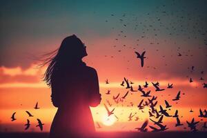 Premium Photo  Woman praying and free bird enjoying nature on sunset  background hope concept