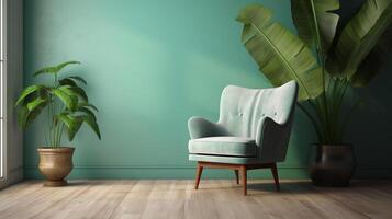 Mid-century retro turquoise armchair with tropical banana tree in concrete pot in sunlight on pastel green background, copy space. photo