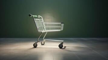 Matte white modern supermarket shopping cart trolley against blank sage green wall background. photo