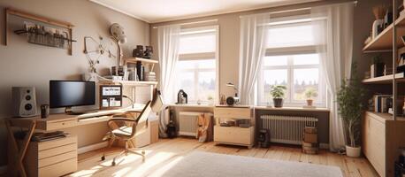 Set up a computer desk with a leather work chair in the sun from a window with curtains. photo