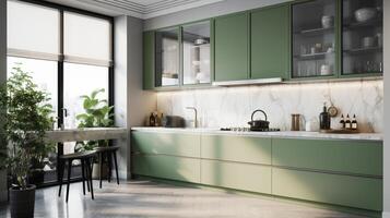 Modern design kitchen with sage green cabinets. photo