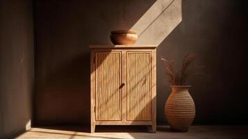 Vintage wooden wardrobe with rattan doors in the sun in the background polished wall. Ai generated photo