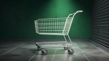 Matte white modern supermarket shopping cart trolley against blank sage green wall background. photo