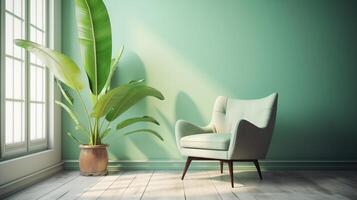 Mid-century retro turquoise armchair with tropical banana tree in concrete pot in sunlight on pastel green background, copy space. photo