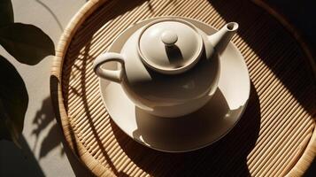 Top view of minimalist white ceramic teapot on wooden table under the sun, negative space. photo