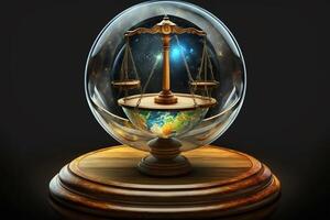 Court scales in a clear glass globe on a wooden stand. Abstract planetarium. photo