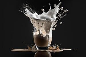 Milk splash in cup, froth dripping on black table. photo