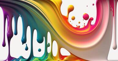 Liquid sticky paint flowing down, realistic gradient rainbow paint, random pattern on white background. photo