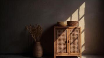 Vintage wooden wardrobe with rattan doors in the sun in the background polished wall. photo