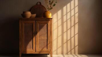 Vintage wooden wardrobe with rattan doors in the sun in the background polished wall. Ai generated photo