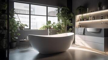 Oval bathtub in bathroom with modern gray walls, plants on marble floor in sunlight from window for luxury interior background. photo