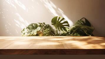 Empty wooden table with tropical leaves in dappled sunlight with shadows on white wall. photo