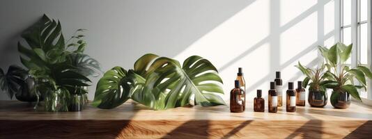 Beauty products on a wooden table with tropical leaves in the sun. Luxury organic cosmetic, skin care, natural product display background. photo