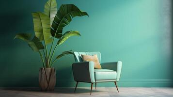 Mid-century retro turquoise armchair with tropical banana tree in concrete pot in sunlight on pastel green background, copy space. photo