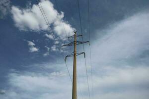 Pylon and transmission power line in sunset photo