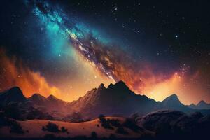 Night landscape with colorful Milky Way and yellow light at mountains Starry sky with hills at summer Space background AI Generated photo
