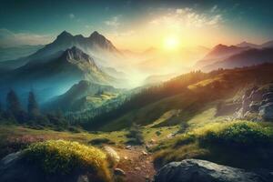 Beautiful landscape with mountains, mist and sun in the morning. Travel background AI Generated photo