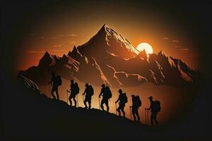 grupo de personas en pico montaña alpinismo Ayudar equipo trabajo , viaje trekking éxito negocio concepto, puesta de sol oscuro tema ai generado foto