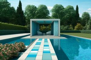 sencillo moderno diseño de un patio nadando piscina en el infinito estilo ai generado foto