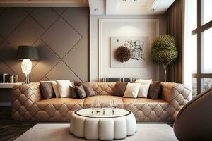 moderno estilo interior diseño. cuero beige sofá ai generado foto