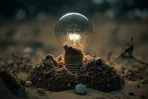 light bulb sitting on top of a pile of dirt AI Generated photo