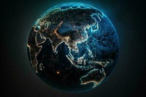 azul globo visita desde espacio a noche con conexiones Entre ciudades ai generado foto
