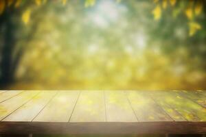 Empty rustic wooden table with defocused yellowish lush foliage at background AI Generated photo