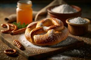 Bavarian baked freshly prepared homemade soft pretzel lying among pretzels AI Generated photo