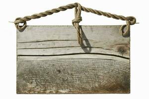 Old weathered wood sign, hanging by old rope from a nail, isolated on white AI Generated photo