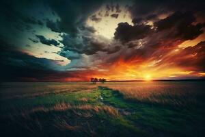 hermosa puesta de sol con dramático nubes terminado herboso campo ai generado foto