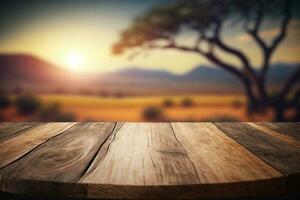 Empty light wood table top with landscape blurred background AI Generated photo