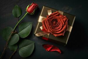 red rose and gift box on black wooden background. Top view with copy space, flat lay AI Generated photo