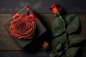 red rose and gift box on black wooden background. Top view with copy space, flat lay AI Generated photo