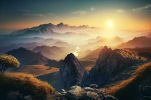 Beautiful landscape with mountains, mist and sun in the morning. Travel background AI Generated photo