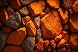 Orange stone wall. Bright brown rock texture. Red faceted stone wall background AI Generated photo