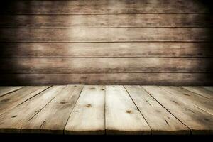 Empty wood table with old wooden wall background AI Generated photo