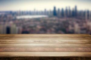 Selective focus.Top of wood table with window glass and cityscape background AI Generated photo