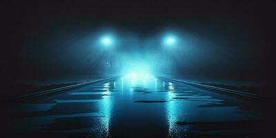 Dark street, reflections in water. dark blue background, smoke, neon light, spotlights AI Generated photo