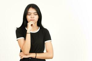 Looking down and thinking gesture f Beautiful Asian Woman Isolated On White Background photo