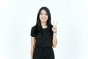 Showing Peace Sign or Finger V Sign Of Beautiful Asian Woman Isolated On White Background photo