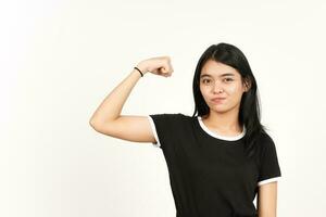 Showing strength and rise arms Of Beautiful Asian Woman Isolated On White Background photo