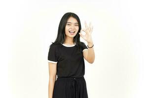 Smiling and Showing OK Sign Of Beautiful Asian Woman Isolated On White Background photo