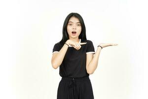 Showing and Presenting Product on Open Palm Of Beautiful Asian Woman Isolated On White Background photo