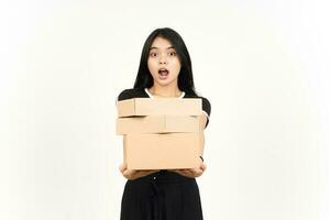 Holding Package Box or Cardboard Box Of Beautiful Asian Woman Isolated On White Background photo