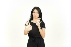 STOP Rejection hand Gesture Of Beautiful Asian Woman Isolated On White Background photo