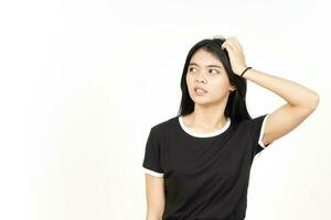 Hand on head and Confused gesture Of Beautiful Asian Woman Isolated On White Background photo