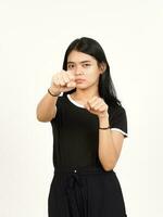 Punching fist to fight or angry Of Beautiful Asian Woman Isolated On White Background photo